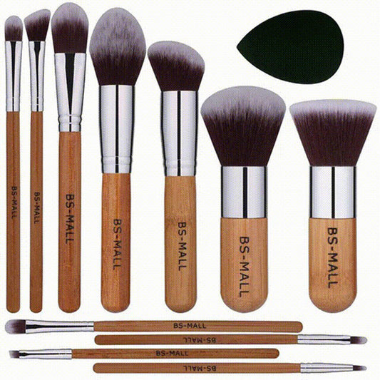11Pcs Bamboo Makeup Brush Set With Storage Bag And Makeup Sponge